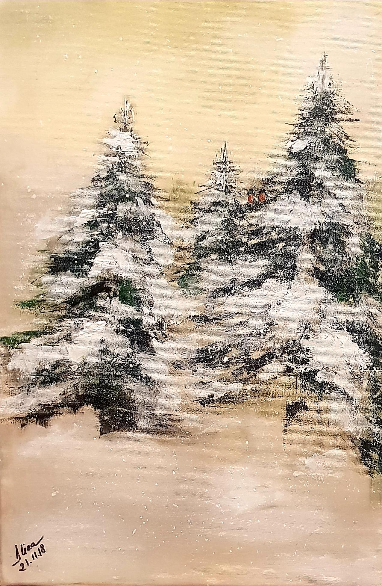 ArteDiAlina.com painting: 2 finches and the first snow